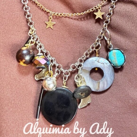 Big black onyx and turquoise layered multi charms necklace - Picture 4 of 4